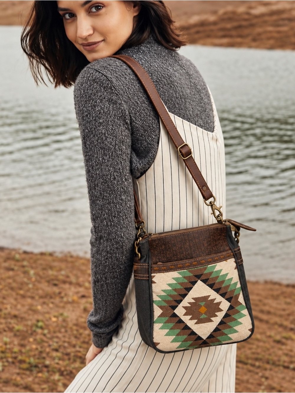 Myra Bag Southwestern Canvas Leather Crossbody Shoulder Bag Like New